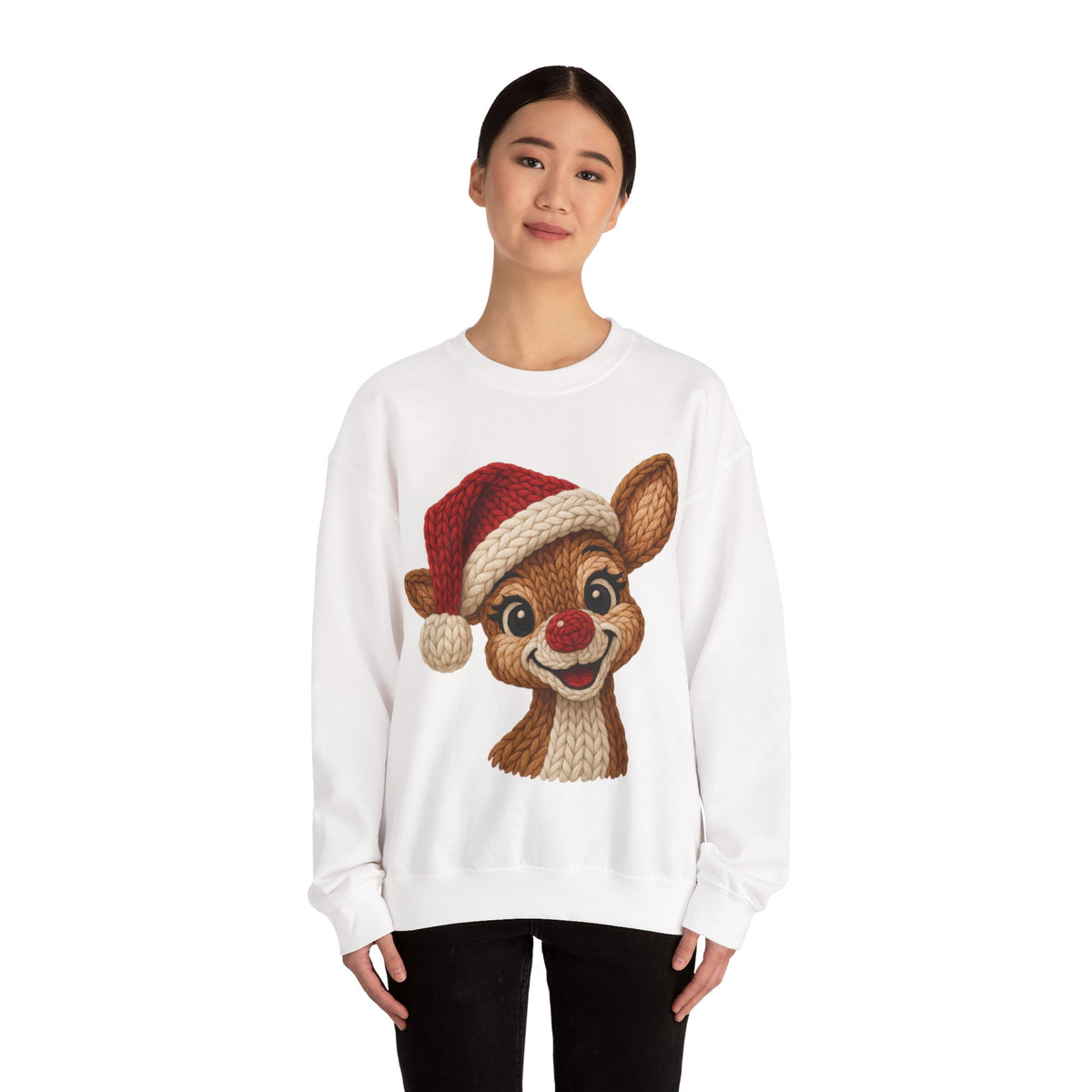 Cute Rudolph Faux Knit Look Reindeer w/Santa Hat – Gildan Heavy Blend | Trendy Women’s Soft Sweatshirt. Direct to Garment. Printed & Shipped in the USA. Unisex Sizes.
