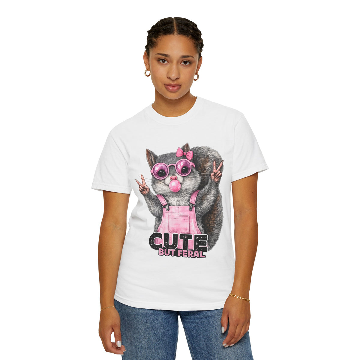 Cute But Feral, Squirrel in Pink Bibs - Comfort Colors | Trendy Women's T-Shirt. Direct to Garment. Printed & Shipped in the USA. Unisex Sizes.