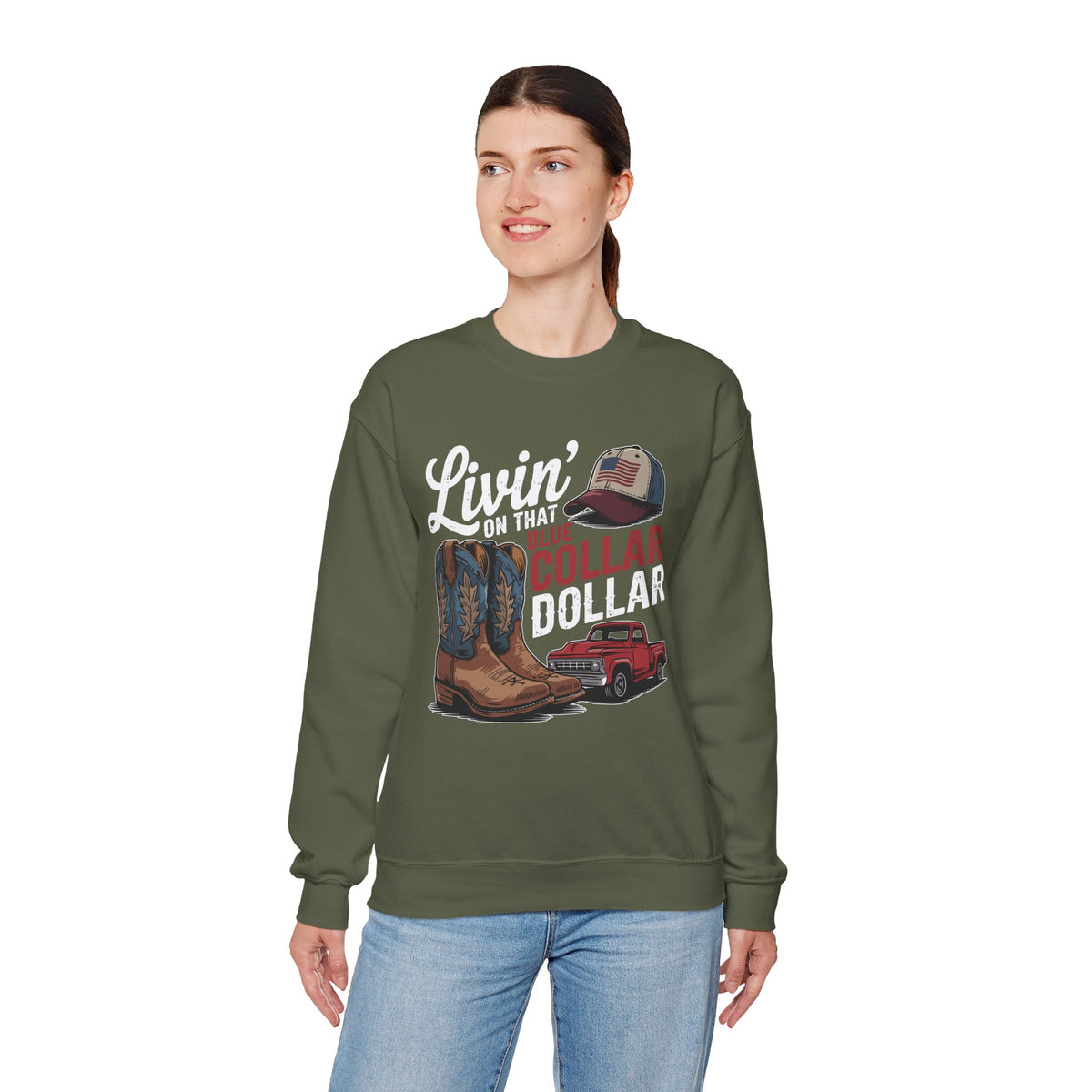Livin' on That Blue Collar Dollar, Boots and Work Truck – Gildan Heavy Blend | Trendy Men's and Women’s Soft Sweatshirt. Direct to Garment. Printed & Shipped in the USA. Unisex Sizes.