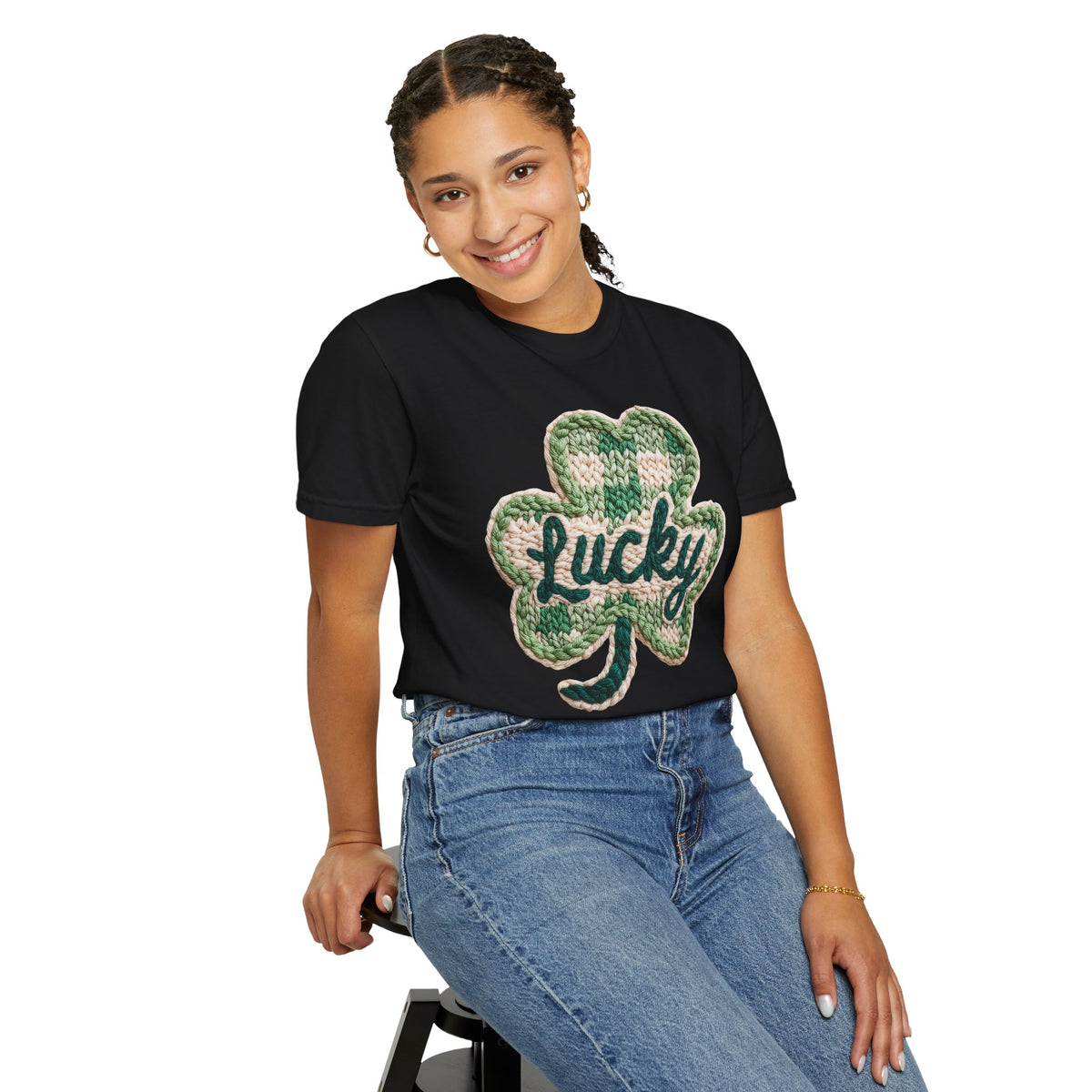 Lucky Shamrock Faux Knit - Comfort Colors | Trendy Men's and Women's T-Shirt. Direct to Garment. Printed & Shipped in the USA. Unisex Sizes.
