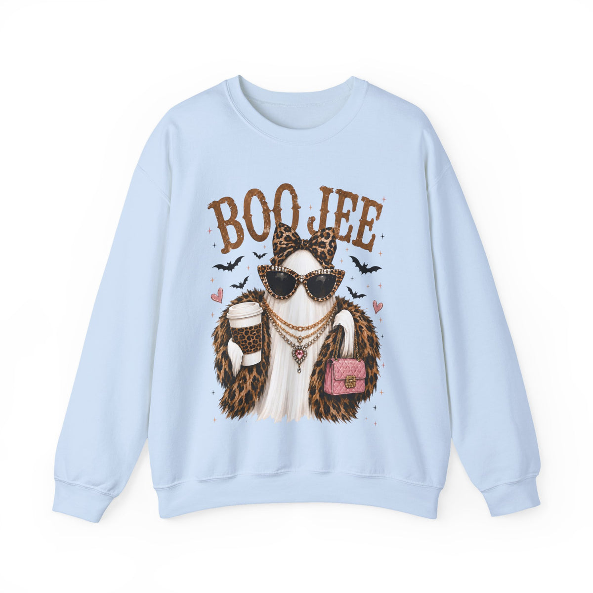 BooJee Ghost with Coffee - Halloween – Gildan Heavy Blend | Trendy Women’s Soft Sweatshirt. Direct to Garment. Printed & Shipped in the USA. Unisex Sizes.