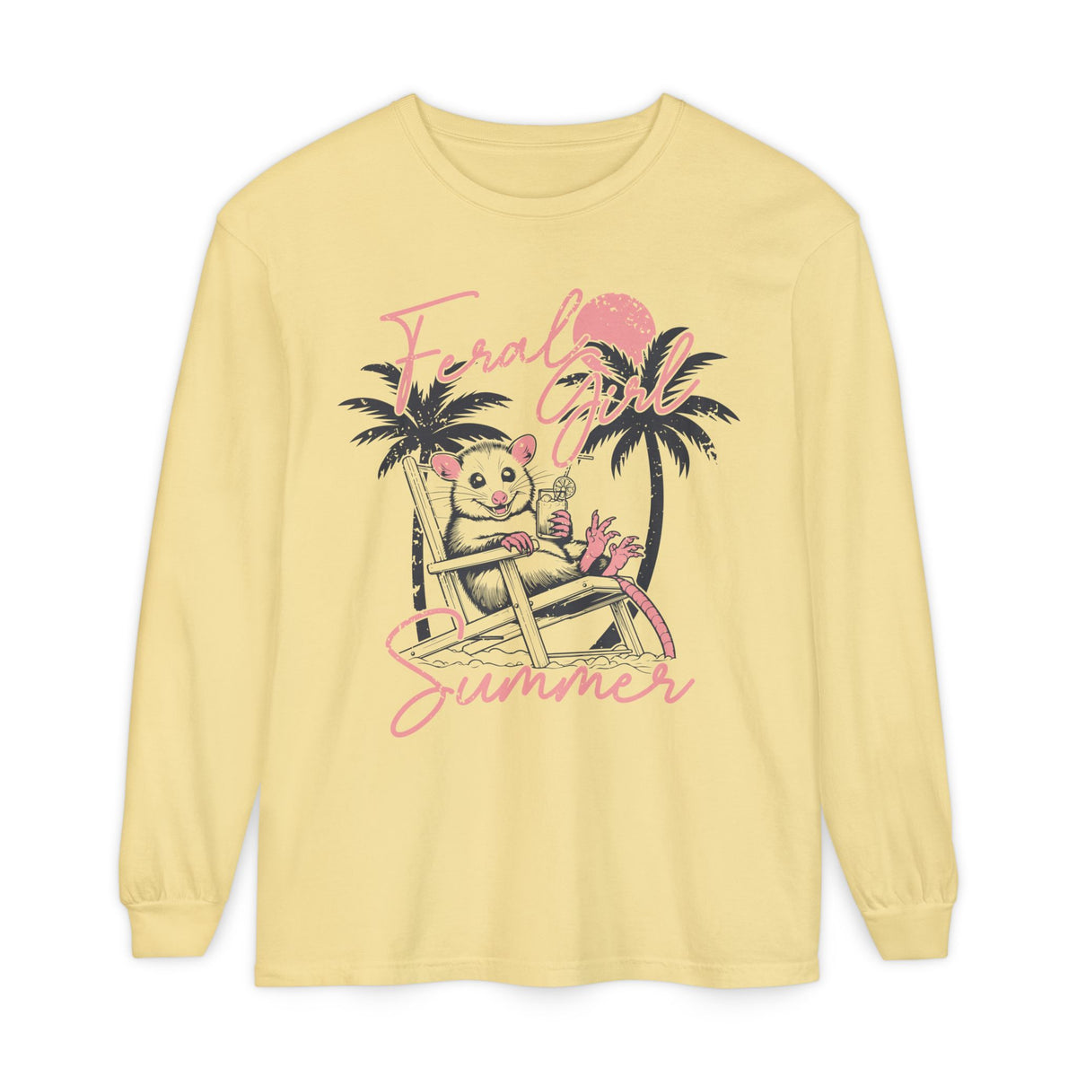Feral Girl Summer, Possum on a Beach - Comfort Colors | Trendy Women's Long Sleeve T-Shirt. Direct to Garment. Printed & Shipped in the USA. Unisex Sizes.