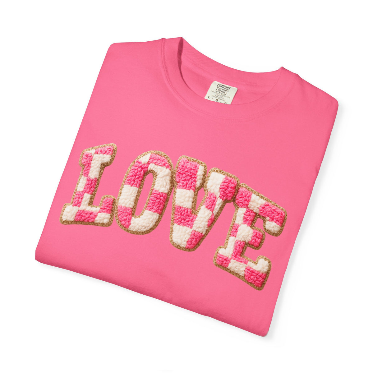 Faux Crochet Checkered LOVE - Comfort Colors | Trendy Women's T-Shirt. Direct to Garment. Printed & Shipped in the USA. Unisex Sizes.