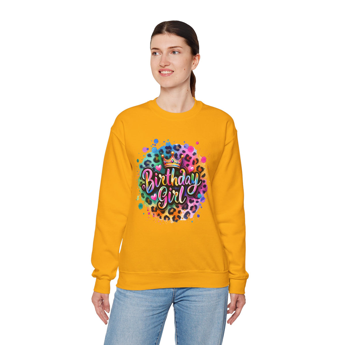 Birthday Girl, Neon Leopard – Gildan Heavy Blend | Trendy Women’s Soft Sweatshirt. Direct to Garment. Printed & Shipped in the USA. Unisex Sizes.