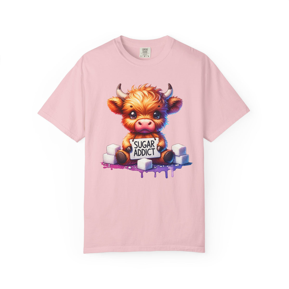 Sugar Addict Highland Cow - Comfort Colors | Trendy Women's T-Shirt. Direct to Garment. Printed & Shipped in the USA. Unisex Sizes.