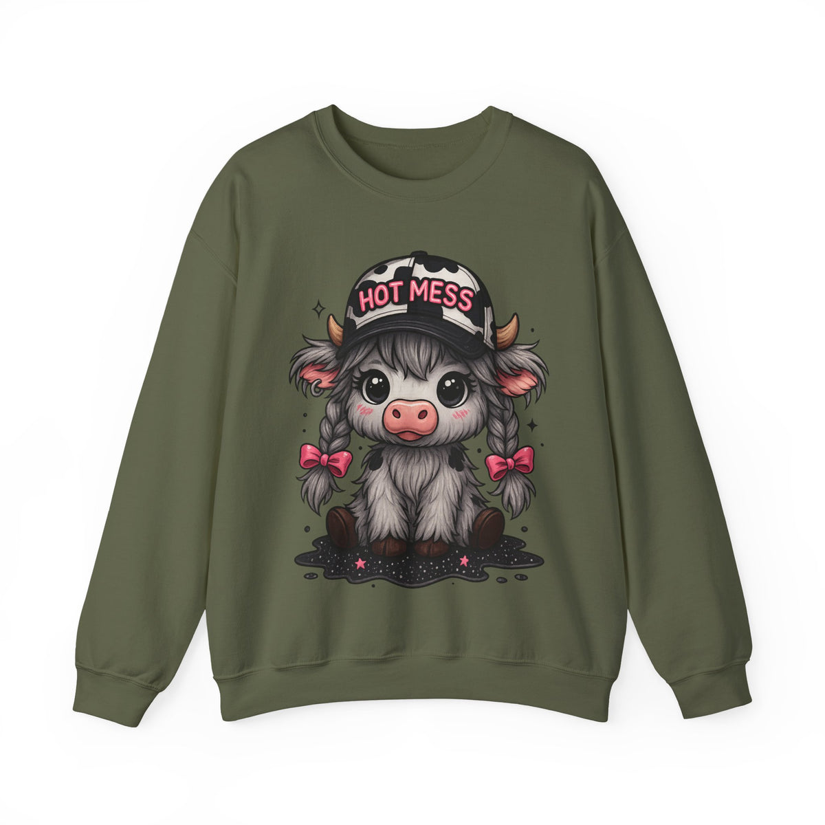 Cute Highland Cow 'Hot Mess' In Braids – Gildan Heavy Blend | Trendy Women’s Soft Sweatshirt. Direct to Garment. Printed & Shipped in the USA. Unisex Sizes.