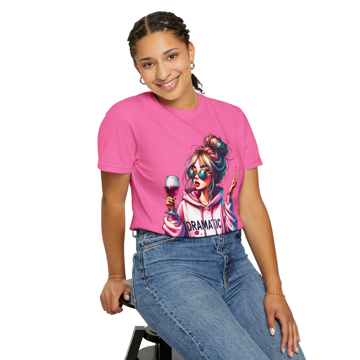 Dramatic Girl With Wine Messy Bun Peace Sign  - Comfort Colors | Trendy Women's T-Shirt. Direct to Garment. Printed & Shipped in the USA. Unisex Sizes.