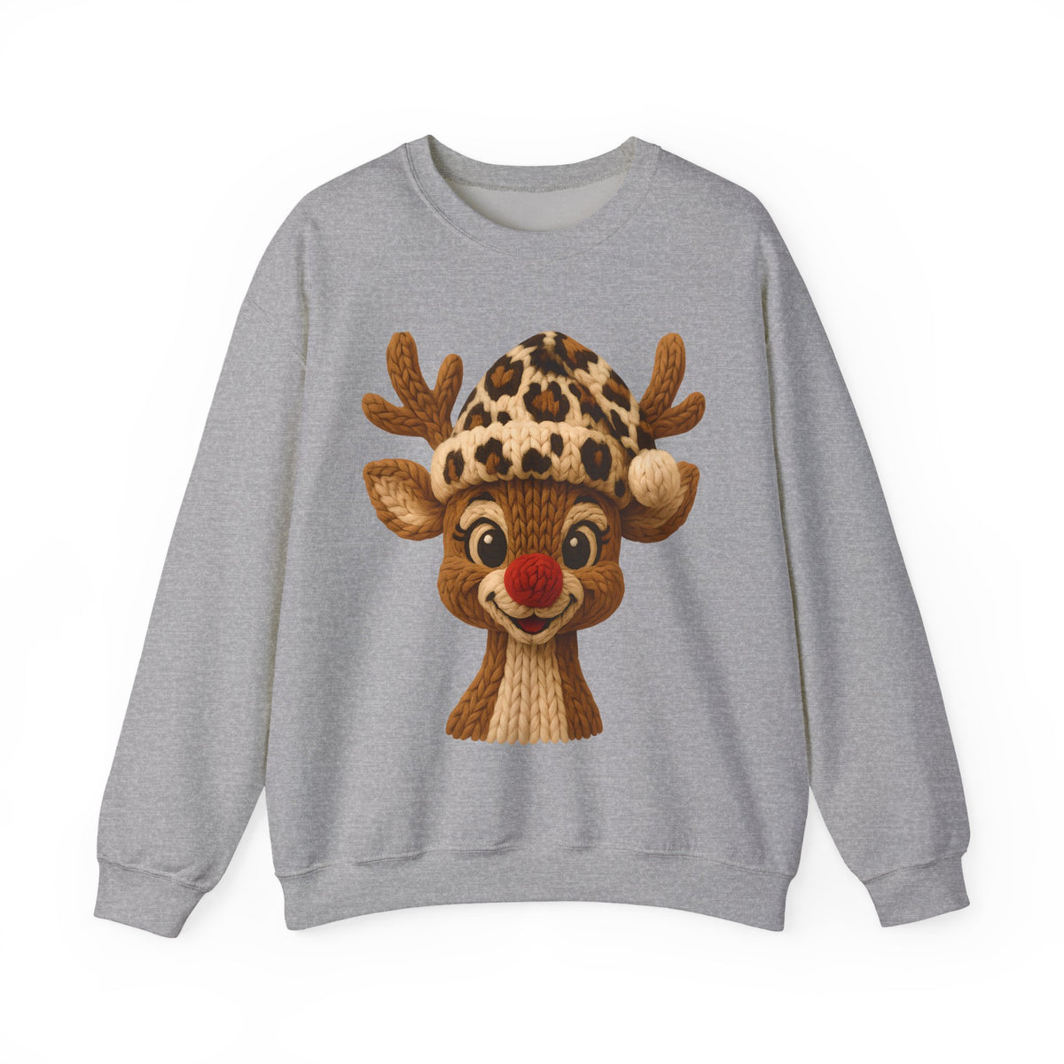 Rudolph Reindeer Leopard Santa Hat Christmas – Gildan Heavy Blend | Trendy Women’s Soft Sweatshirt. Direct to Garment. Printed & Shipped in the USA. Unisex Sizes.