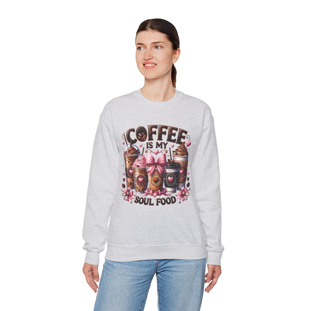 Coffee Is My Soul Food, Iced Coffee, Pink Bow – Gildan Heavy Blend | Trendy Women’s Soft Sweatshirt. Direct to Garment. Printed & Shipped in the USA. Unisex Sizes.