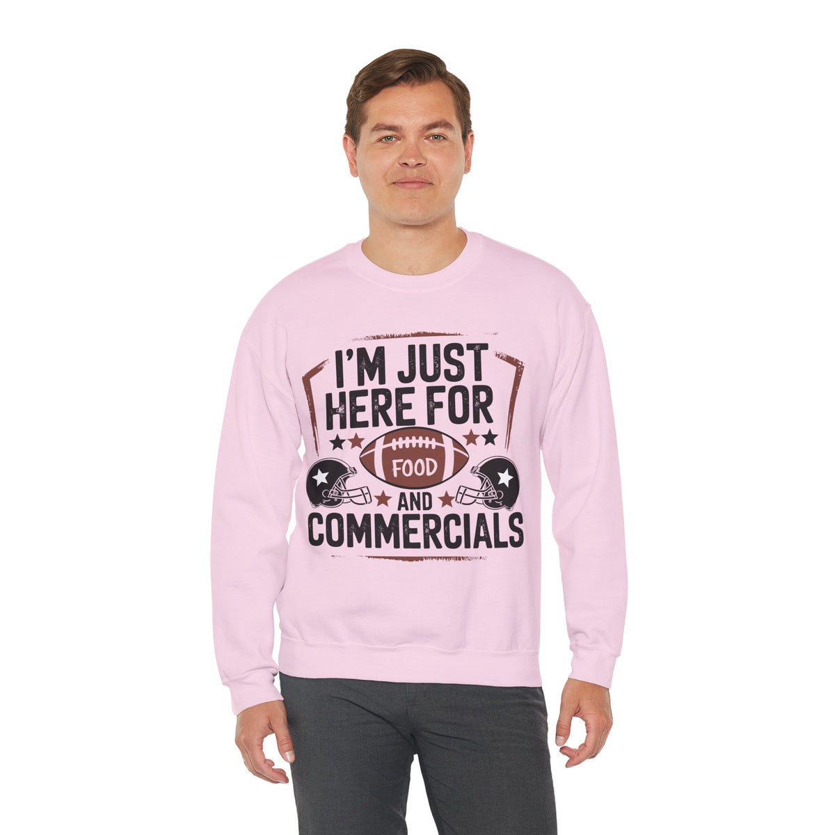 I'm Just Here for Food and Commercials – Gildan Heavy Blend | Trendy Women’s and Men's Soft Sweatshirt. Direct to Garment. Printed & Shipped in the USA. Unisex Sizes.