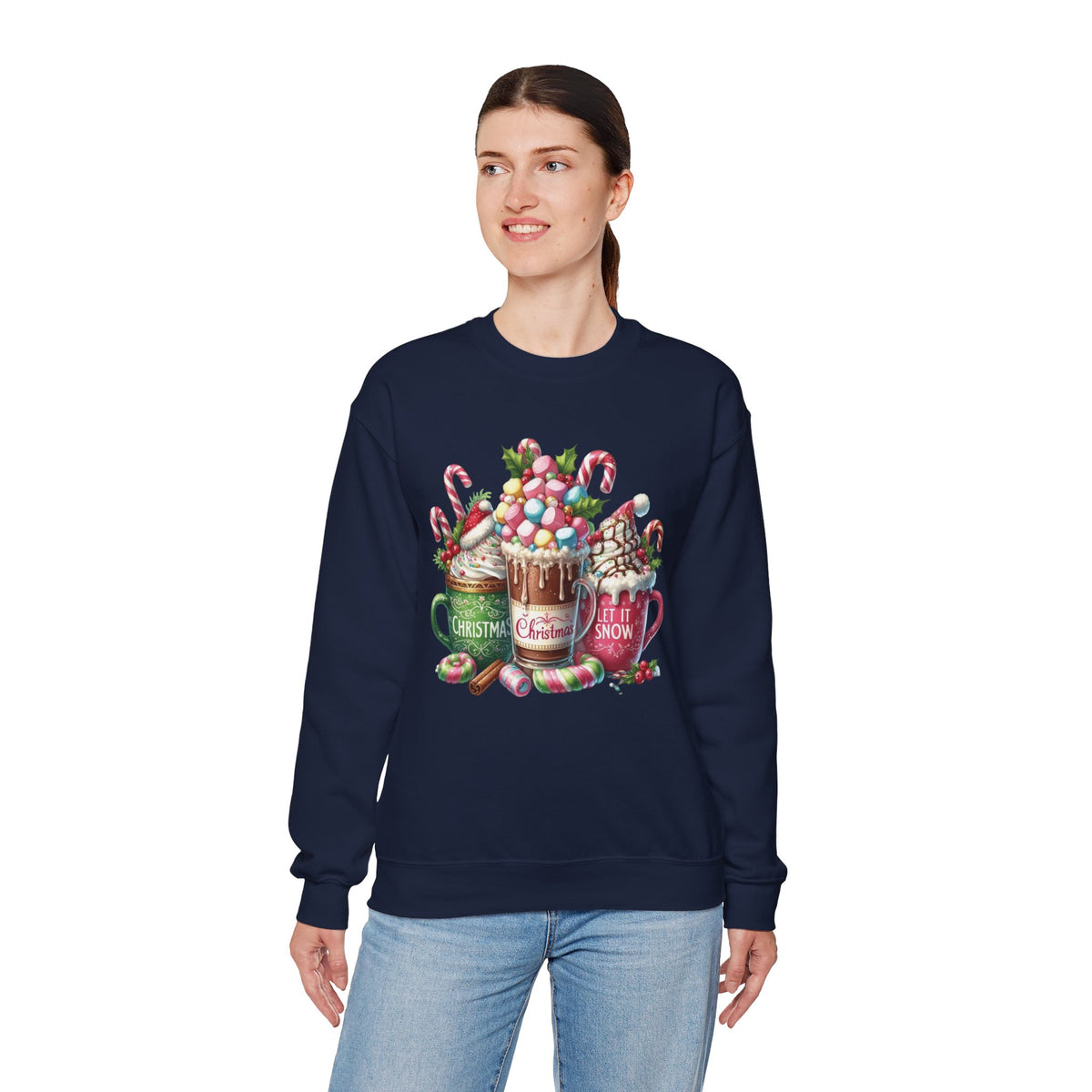 Hot Chocolate Mugs Christmas Hot Cocoa – Gildan Heavy Blend | Trendy Women’s Soft Sweatshirt. Direct to Garment. Printed & Shipped in the USA. Unisex Sizes.