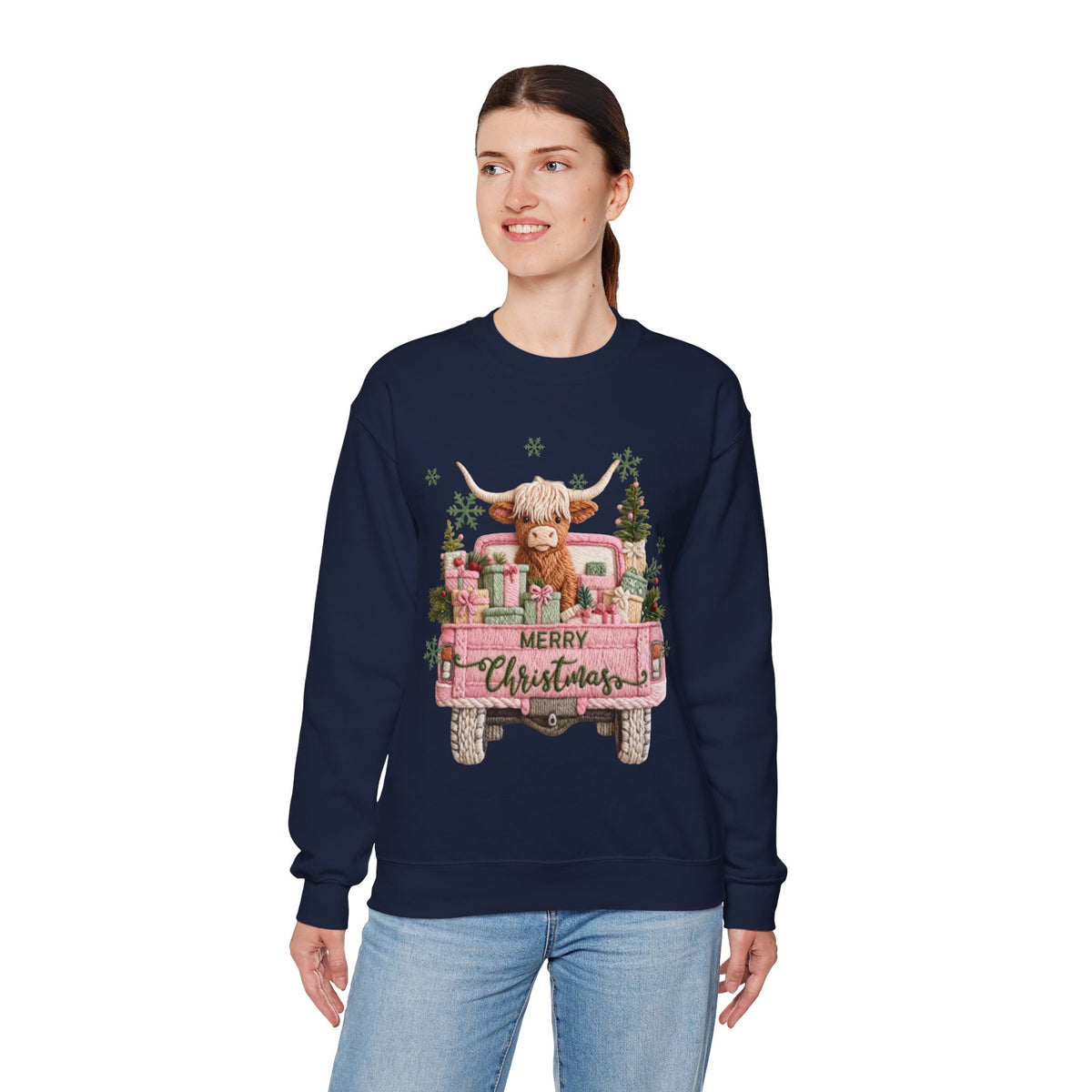 Highland Cow in Pink Truck Merry Christmas Holiday Farmhouse – Gildan Heavy Blend | Trendy Women’s Soft Sweatshirt. Direct to Garment. Printed & Shipped in the USA. Unisex Sizes.