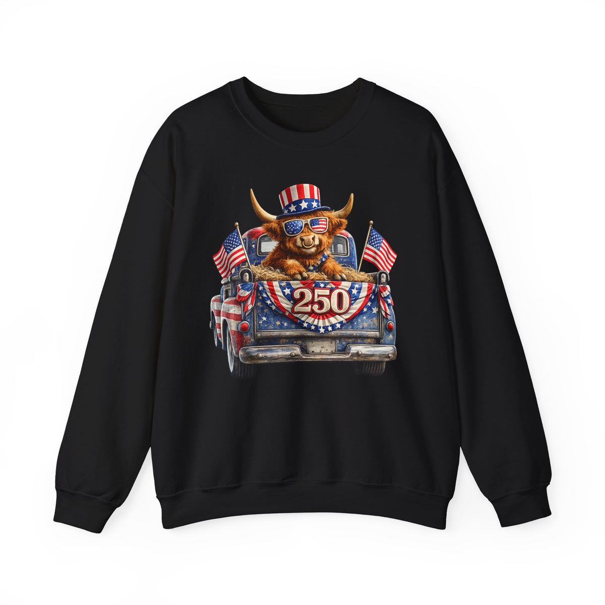 Patriotic Highland, America's 250th Birthday – Gildan Heavy Blend | Trendy Women’s and Men's Soft Sweatshirt. Direct to Garment. Printed & Shipped in the USA. Unisex Sizes.