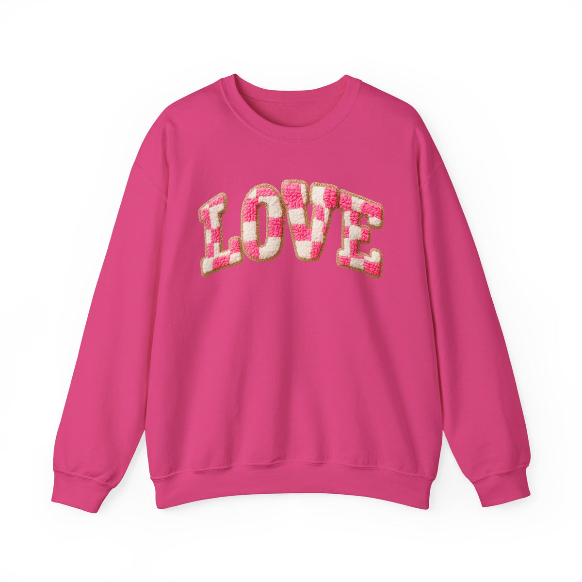 Faux Crochet Checkered LOVE – Gildan Heavy Blend | Trendy Women’s Soft Sweatshirt. Direct to Garment. Printed & Shipped in the USA. Unisex Sizes.