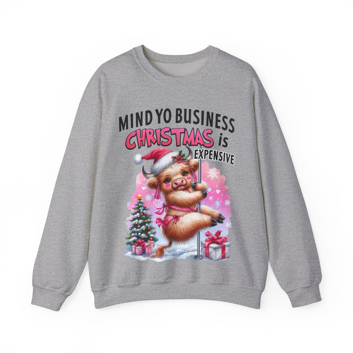 Highland Cow Mind Yo Business Christmas is Expensive – Gildan Heavy Blend | Trendy Women’s Soft Sweatshirt. Direct to Garment. Printed & Shipped in the USA. Unisex Sizes.