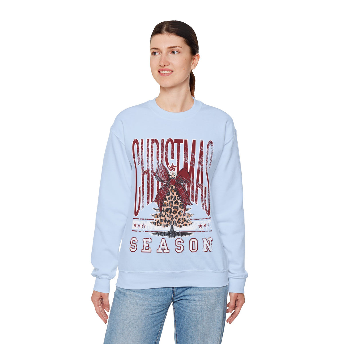 Christmas Season Leopard Tree Distressed – Gildan Heavy Blend | Trendy Women’s Soft Sweatshirt. Direct to Garment. Printed & Shipped in the USA. Unisex Sizes.