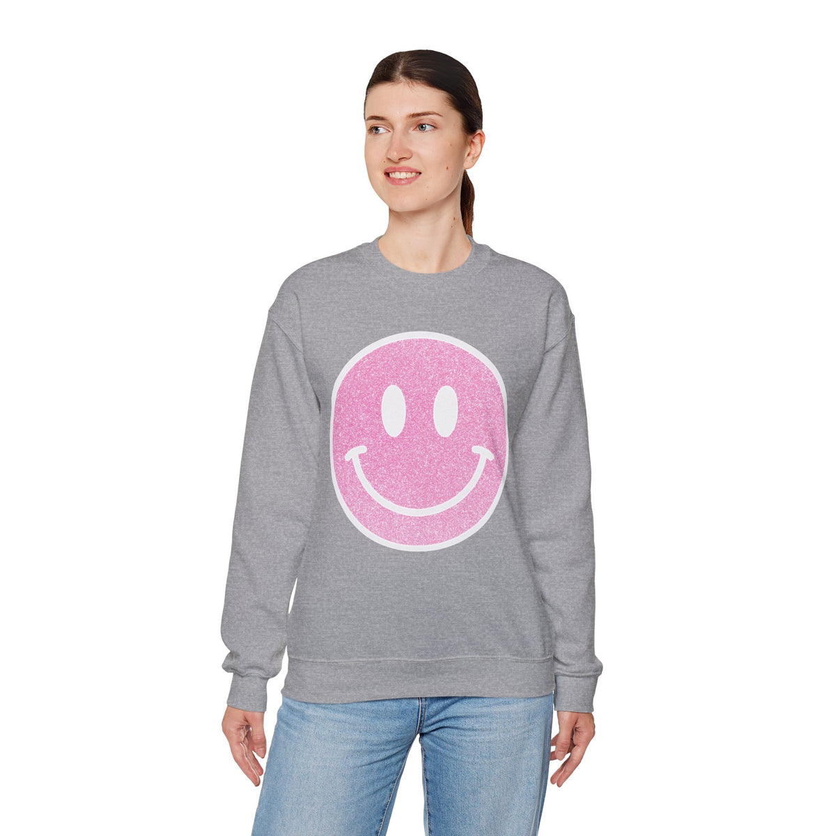 Glitter Smiley – Gildan Heavy Blend | Trendy Women’s Soft Sweatshirt. Direct to Garment. Printed & Shipped in the USA. Unisex Sizes.