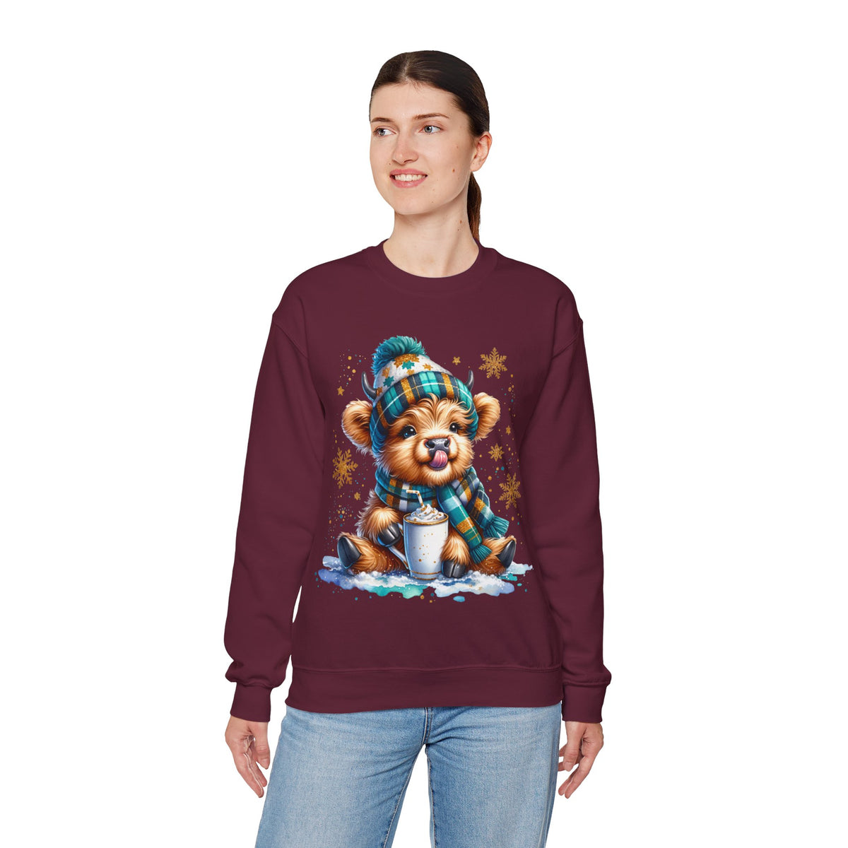 Winter Baby Highland Cow with Cocoa – Gildan Heavy Blend | Trendy Women’s Soft Sweatshirt. Direct to Garment. Printed & Shipped in the USA. Unisex Sizes.
