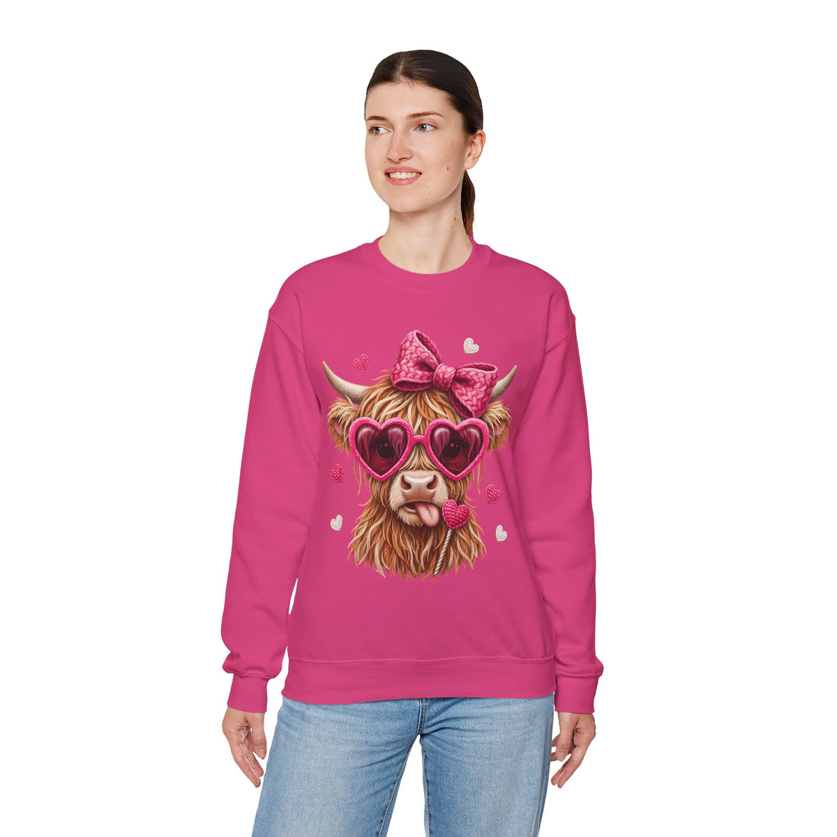 Highland Cow - Pink Heart Shaped Glasses – Gildan Heavy Blend | Trendy Women’s Soft Sweatshirt. Direct to Garment. Printed & Shipped in the USA. Unisex Sizes.