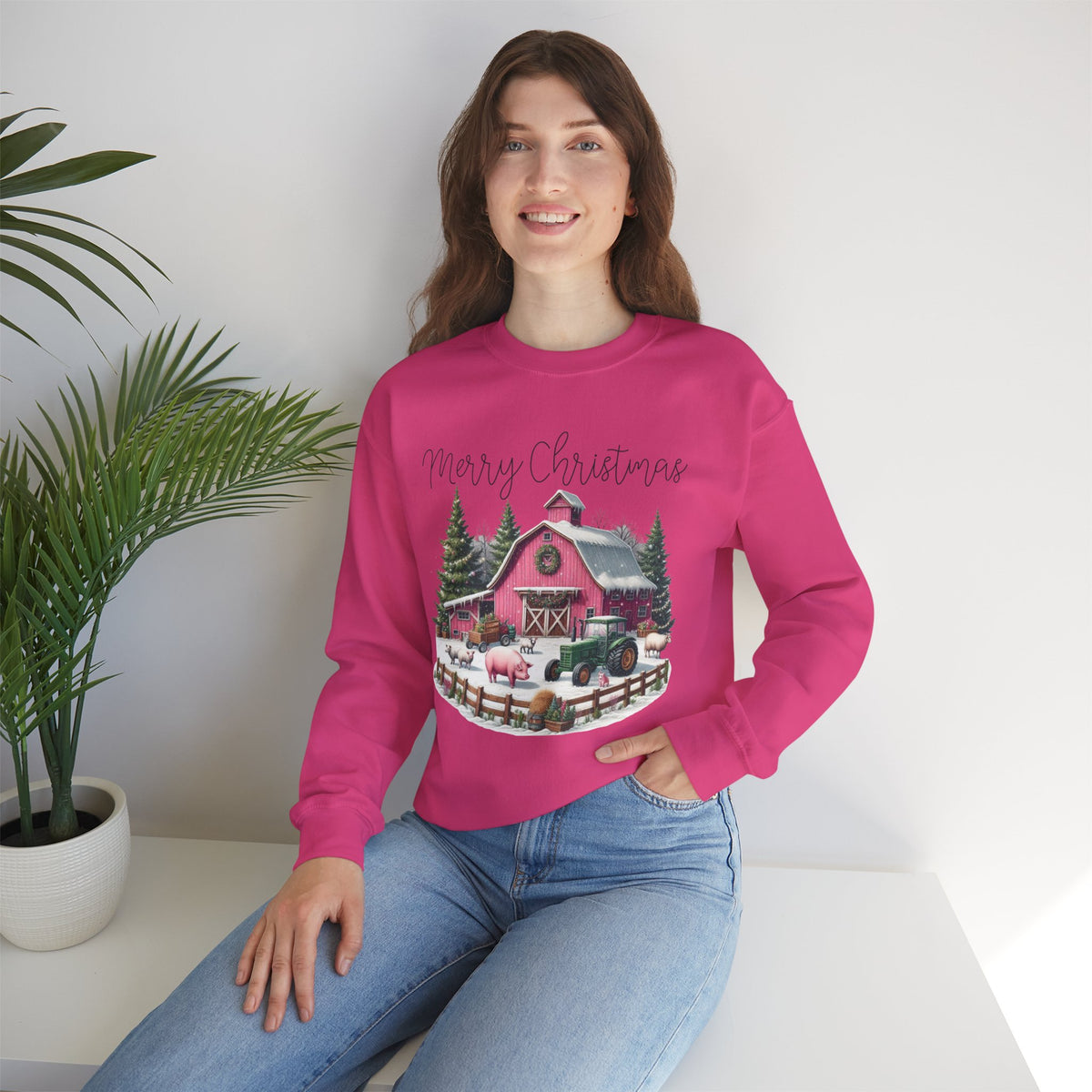 Merry Christmas Pink Barn Farm Animals – Gildan Heavy Blend | Trendy Women’s Soft Sweatshirt. Direct to Garment. Printed & Shipped in the USA. Unisex Sizes.