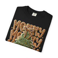 Merry Merry Merry Christmas, Faux Latch Hook Yarn - Comfort Colors | Trendy Women's T-Shirt. Direct to Garment. Printed & Shipped in the USA. Unisex Sizes.