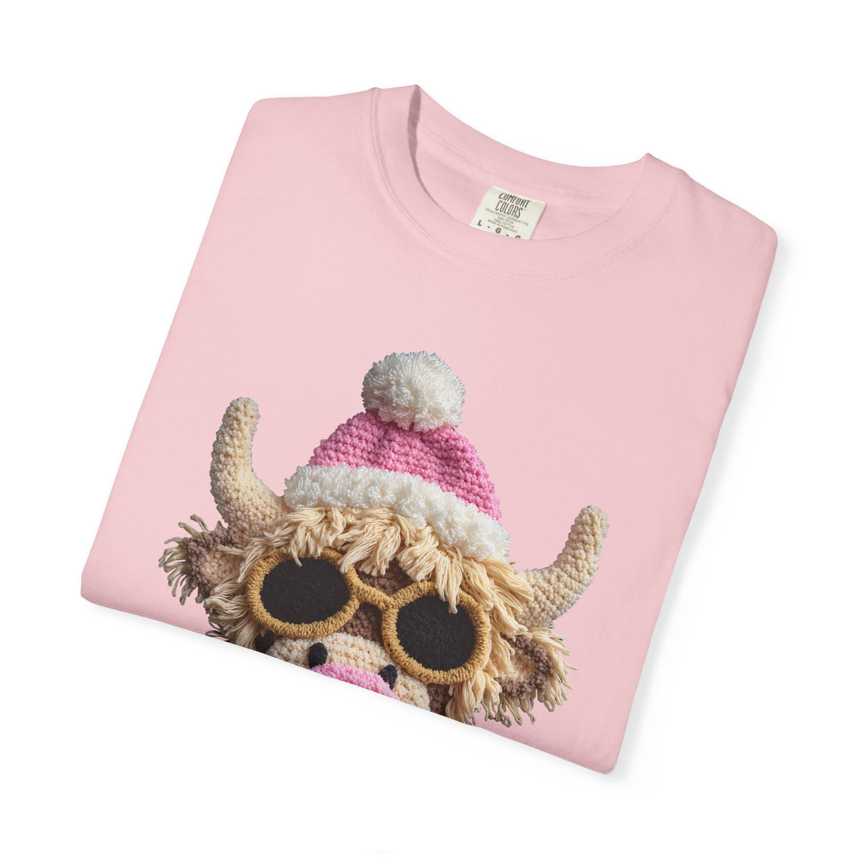 Faux Crochet Highland Cow Bubblegum - Comfort Colors | Trendy Women's T-Shirt. Direct to Garment. Printed & Shipped in the USA. Unisex Sizes.