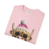 Faux Crochet Highland Cow Bubblegum - Comfort Colors | Trendy Women's T-Shirt. Direct to Garment. Printed & Shipped in the USA. Unisex Sizes.