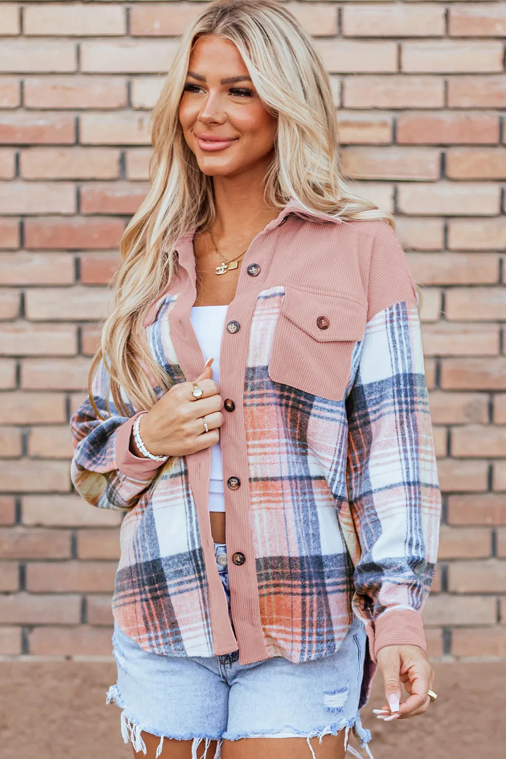 Light Pink Corduroy and Soft Plaid Shacket with Pockets