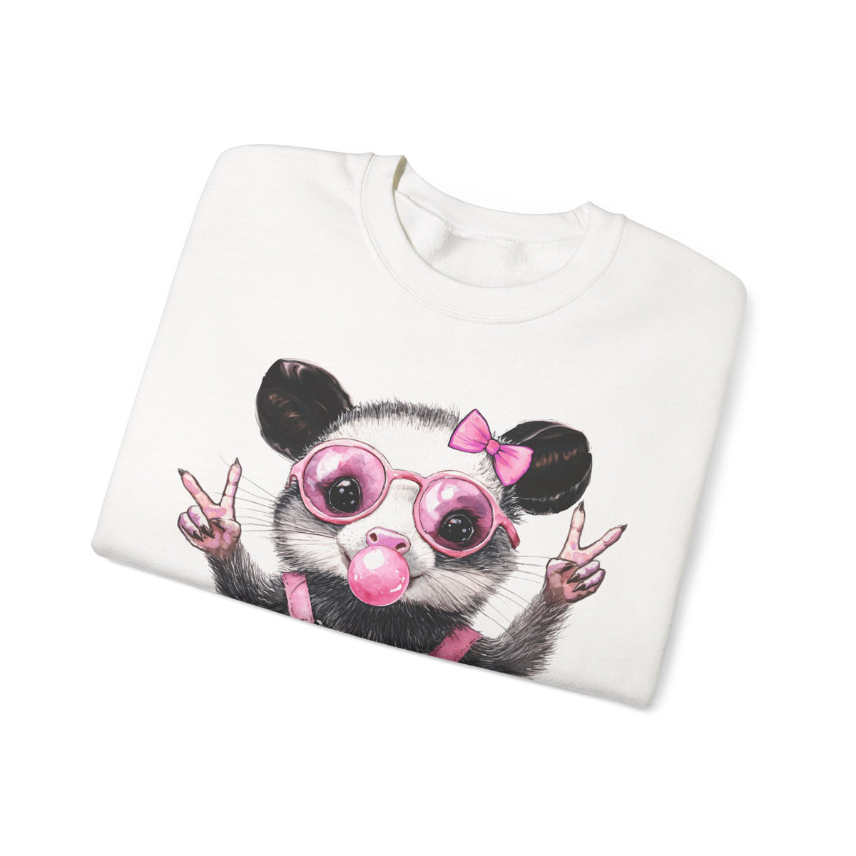 Cute But Feral, Possum in Pink Bibs – Gildan Heavy Blend | Trendy Women’s Soft Sweatshirt. Direct to Garment. Printed & Shipped in the USA. Unisex Sizes.
