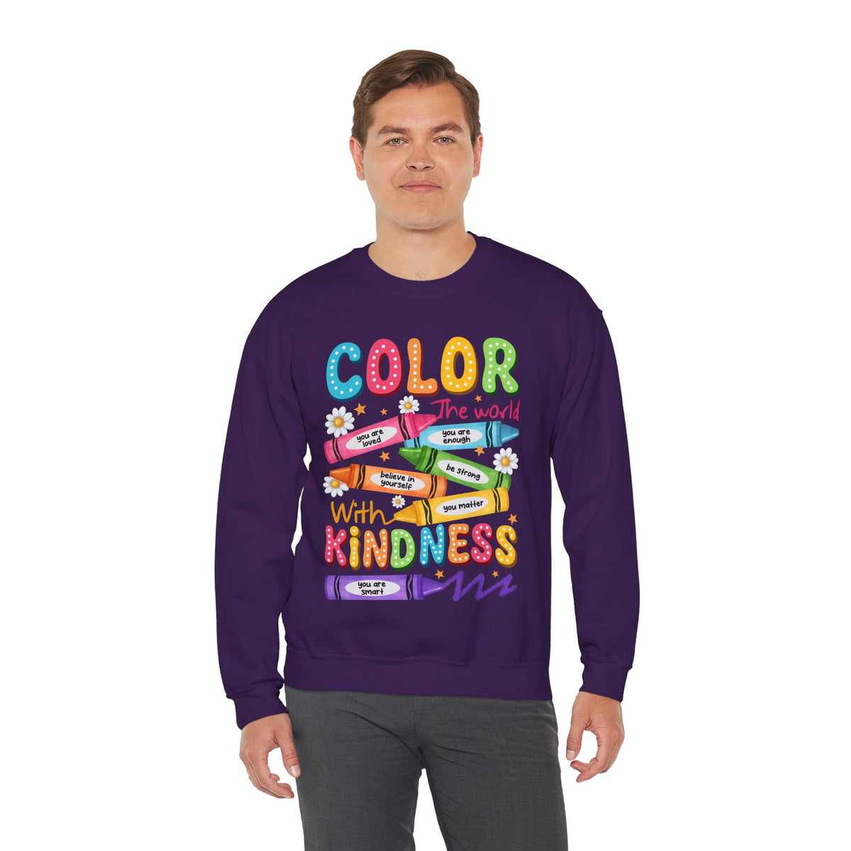 Color the World With Kindness Crayons, Great Teacher Gift – Gildan Heavy Blend | Trendy Women’s and Men's Soft Sweatshirt. Direct to Garment. Printed & Shipped in the USA. Unisex Sizes.