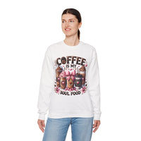 Coffee Is My Soul Food, Iced Coffee, Pink Bow – Gildan Heavy Blend | Trendy Women’s Soft Sweatshirt. Direct to Garment. Printed & Shipped in the USA. Unisex Sizes.