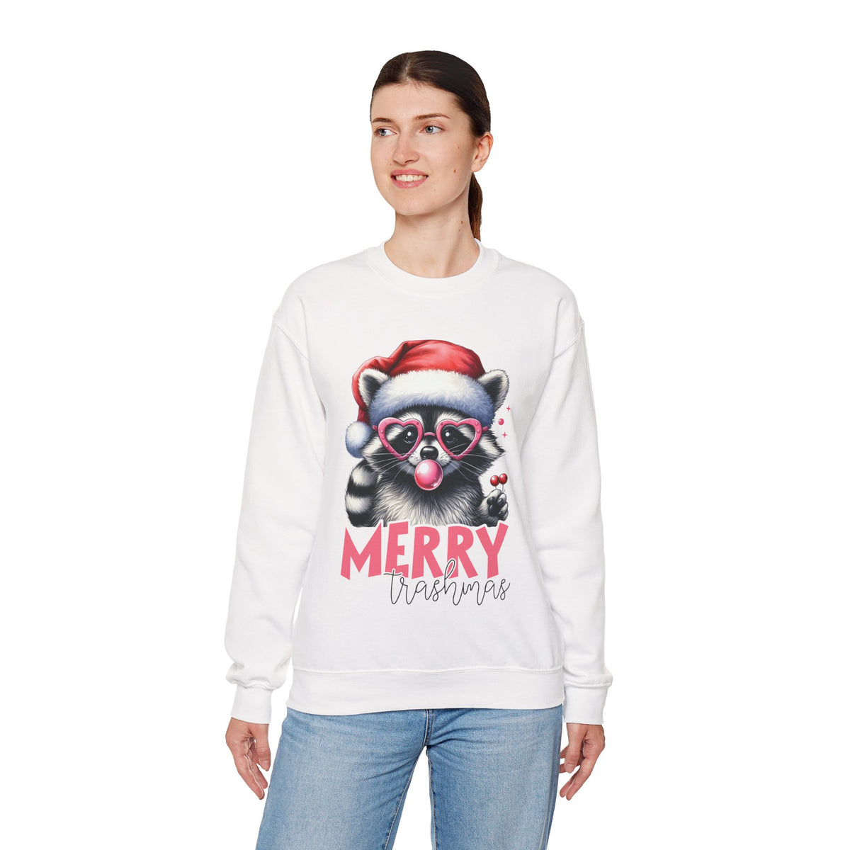 Merry Trashmas Bubblegum Raccoon w/Santa Hat Christmas – Gildan Heavy Blend | Trendy Women’s Soft Sweatshirt. Direct to Garment. Printed & Shipped in the USA. Unisex Sizes.