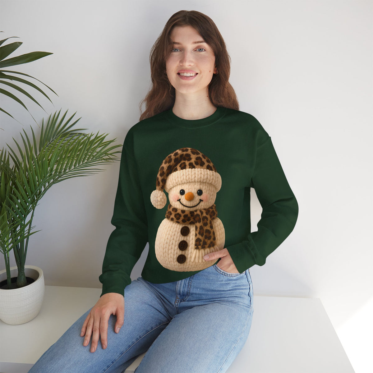 Cute Leopard Faux Knit Snowman Winter – Gildan Heavy Blend | Trendy Women’s Soft Sweatshirt. Direct to Garment. Printed & Shipped in the USA. Unisex Sizes.