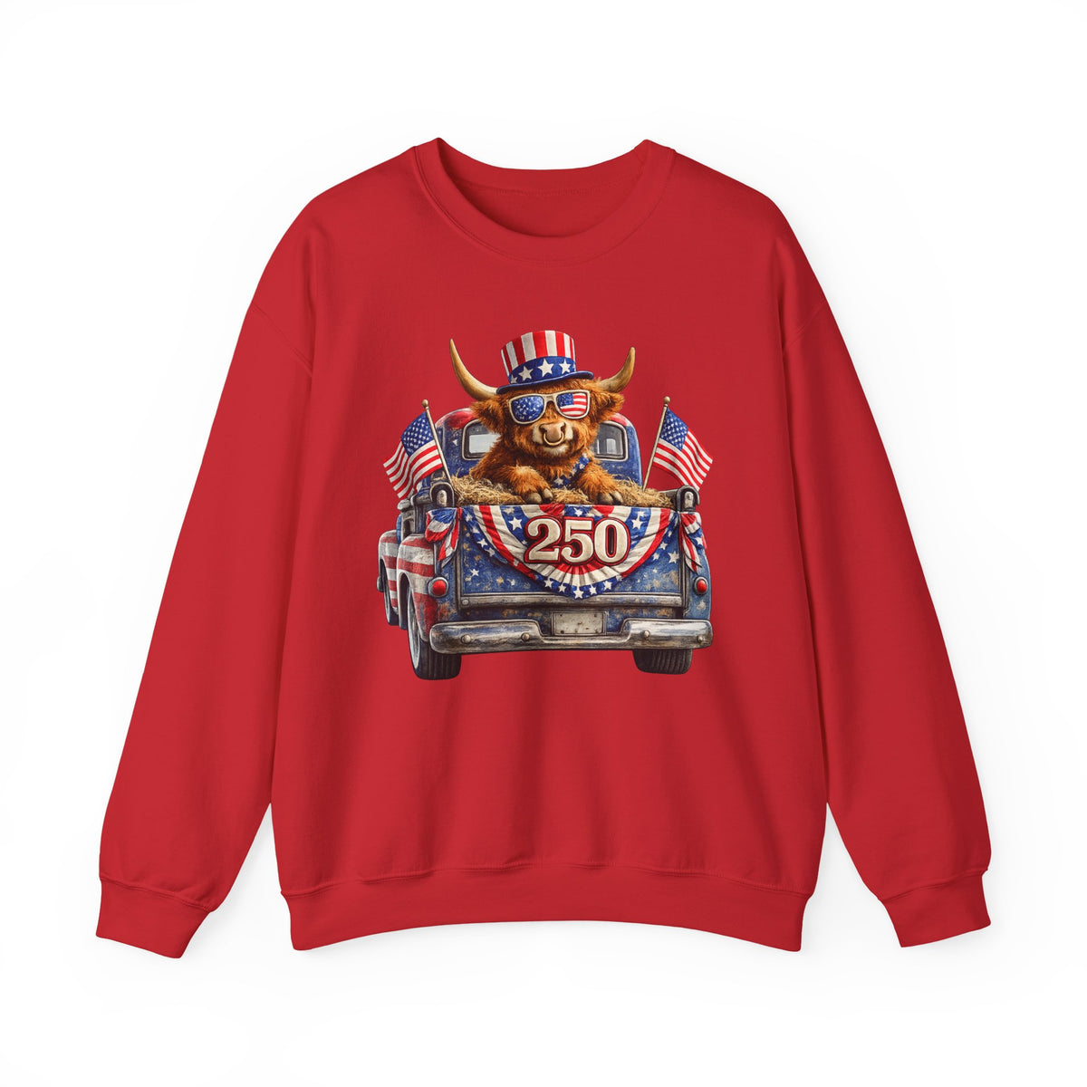 Patriotic Highland, America's 250th Birthday – Gildan Heavy Blend | Trendy Women’s and Men's Soft Sweatshirt. Direct to Garment. Printed & Shipped in the USA. Unisex Sizes.