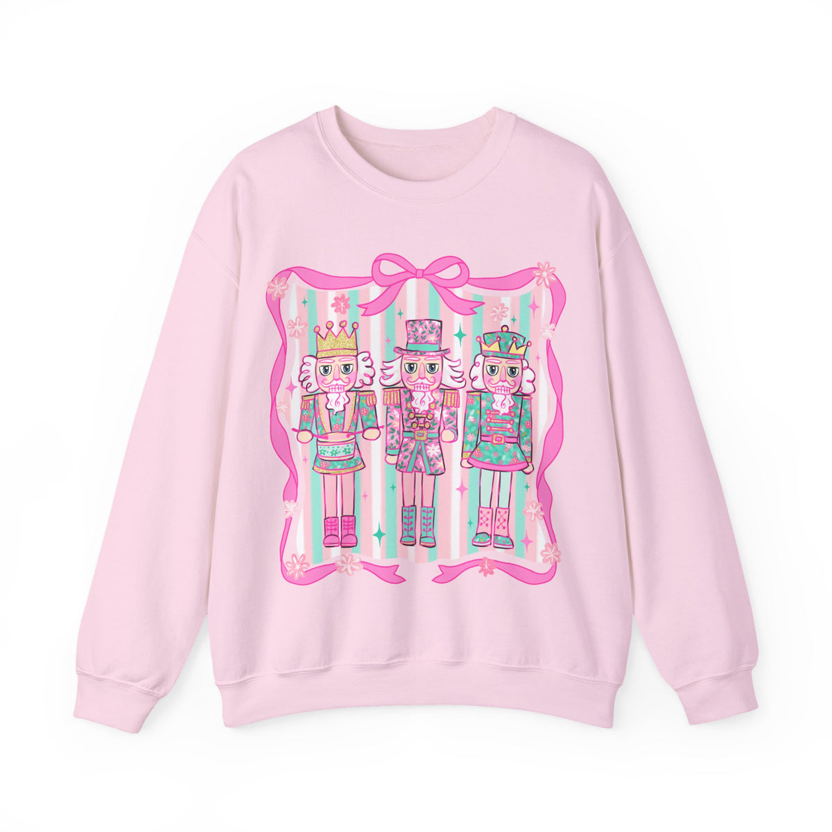 Coquette Pastel Christmas Nutcracker Trio Pink and Green – Gildan Heavy Blend | Trendy Women’s Soft Sweatshirt. Direct to Garment. Printed & Shipped in the USA. Unisex Sizes.