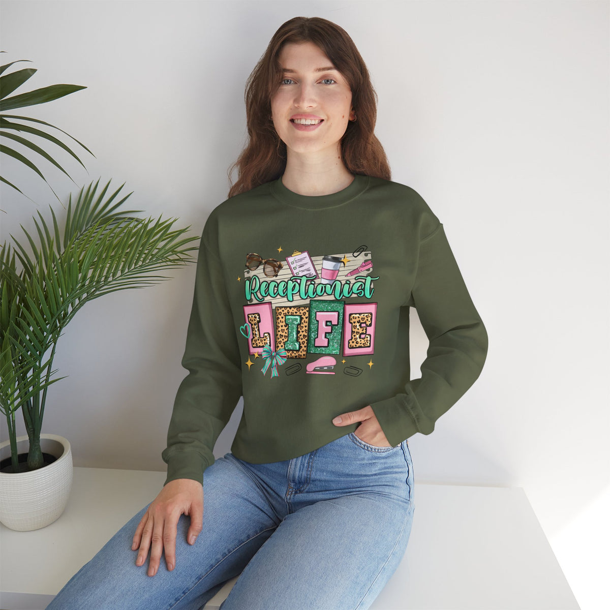 Receptionist Life – Gildan Heavy Blend | Trendy Women’s Soft Sweatshirt. Direct to Garment. Printed & Shipped in the USA. Unisex Sizes.