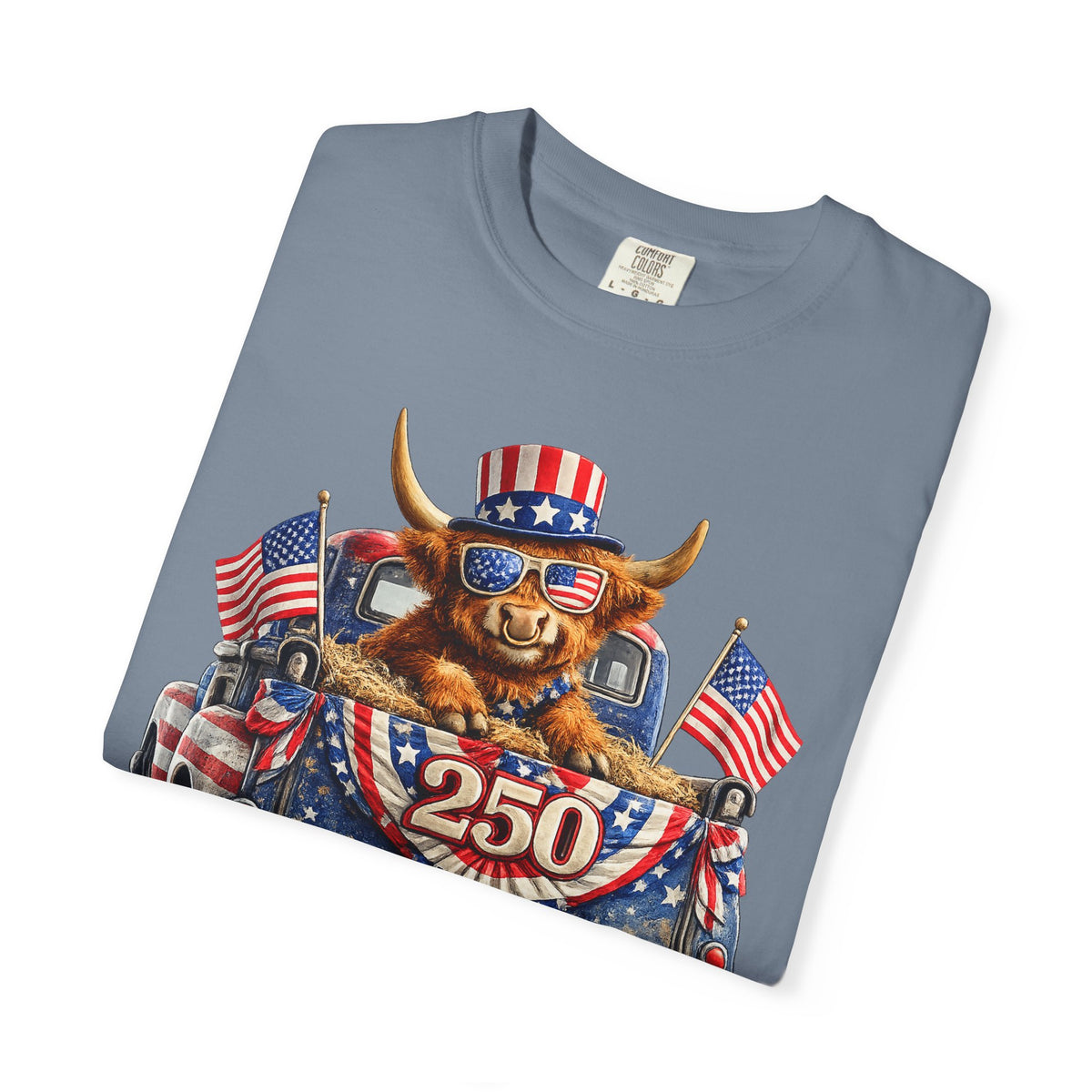 Patriotic Highland, America's 250th Birthday - Comfort Colors | Trendy Women's and Men's T-Shirt. Direct to Garment. Printed & Shipped in the USA. Unisex Sizes.
