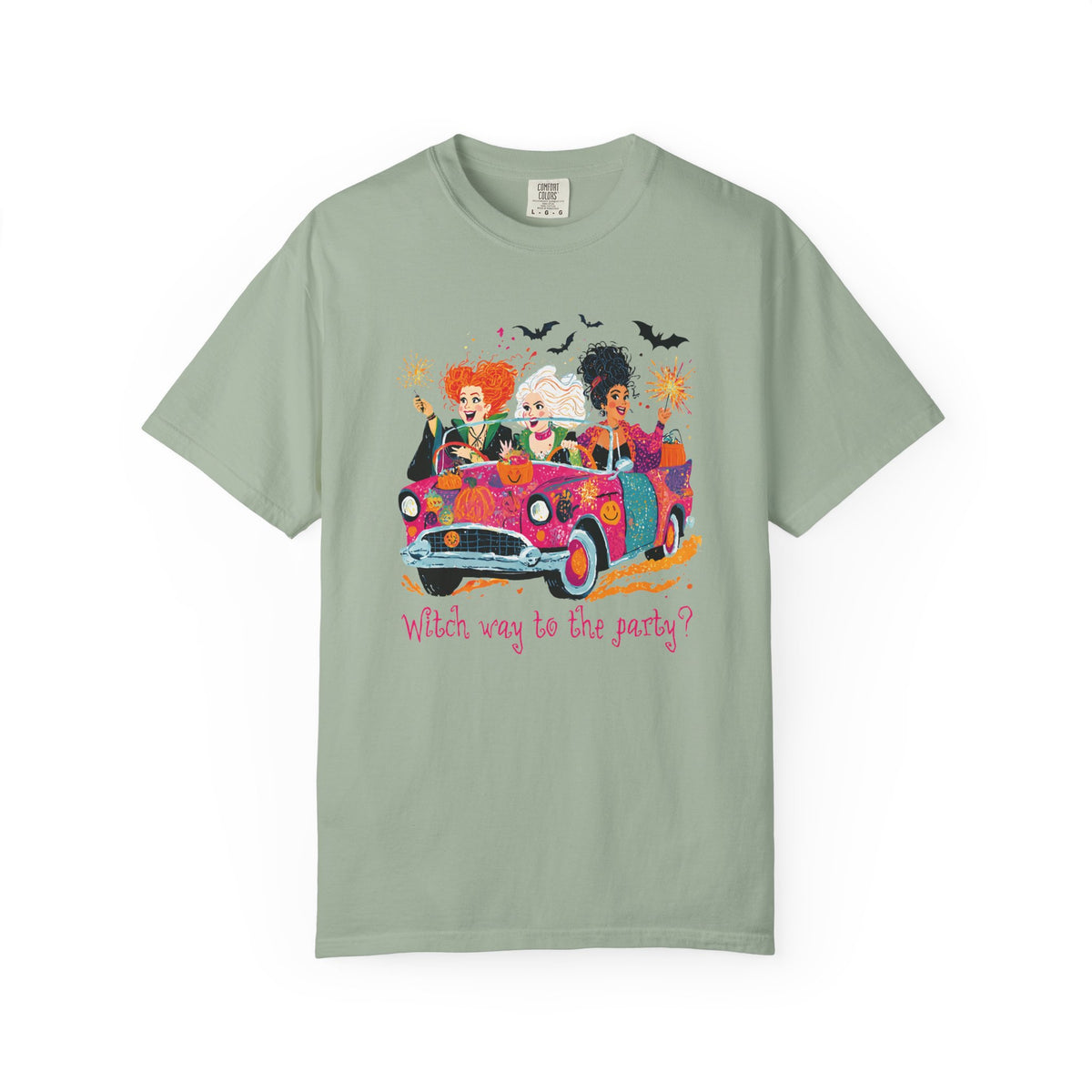 Witch Way to the Party? - Comfort Colors | Trendy Women's T-Shirt. Direct to Garment. Printed & Shipped in the USA. Unisex Sizes.