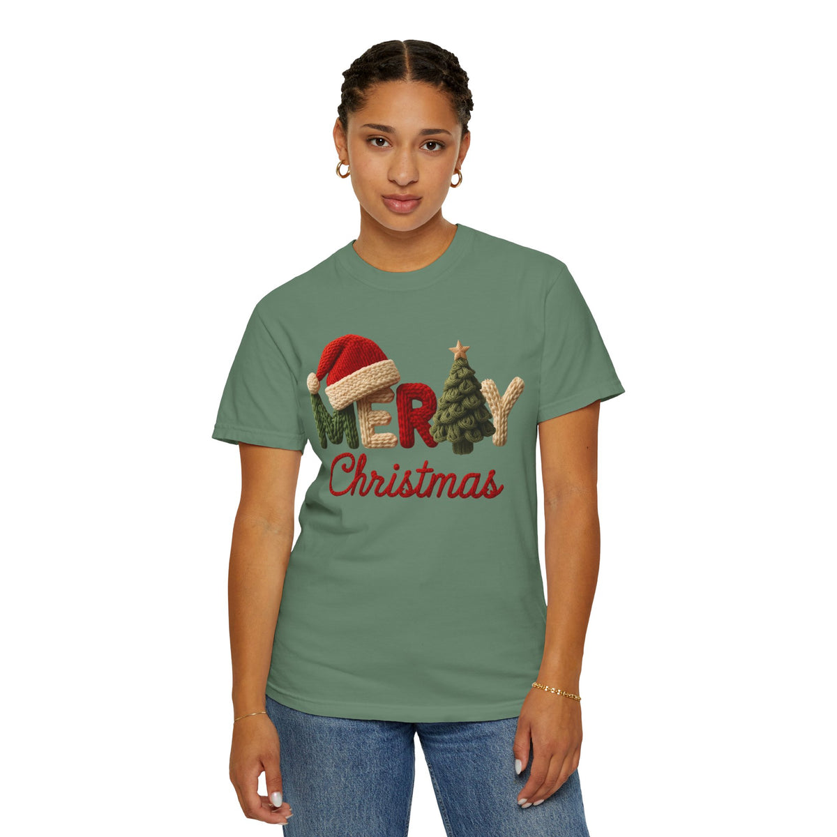 Merry Christmas Faux Yarn w/Santa Hat & Tree - Comfort Colors | Trendy Women's T-Shirt. Direct to Garment. Printed & Shipped in the USA. Unisex Sizes.