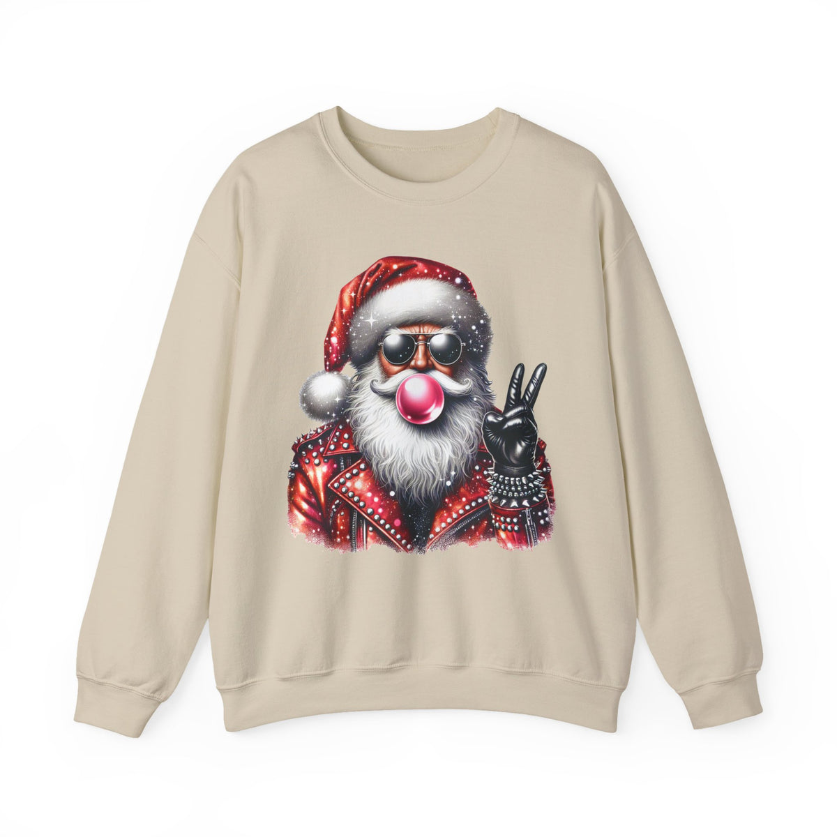 Biker Santa Leather Jacket Bubblegum – Gildan Heavy Blend | Trendy Women’s and Men's Soft Sweatshirt. Direct to Garment. Printed & Shipped in the USA. Unisex Sizes.