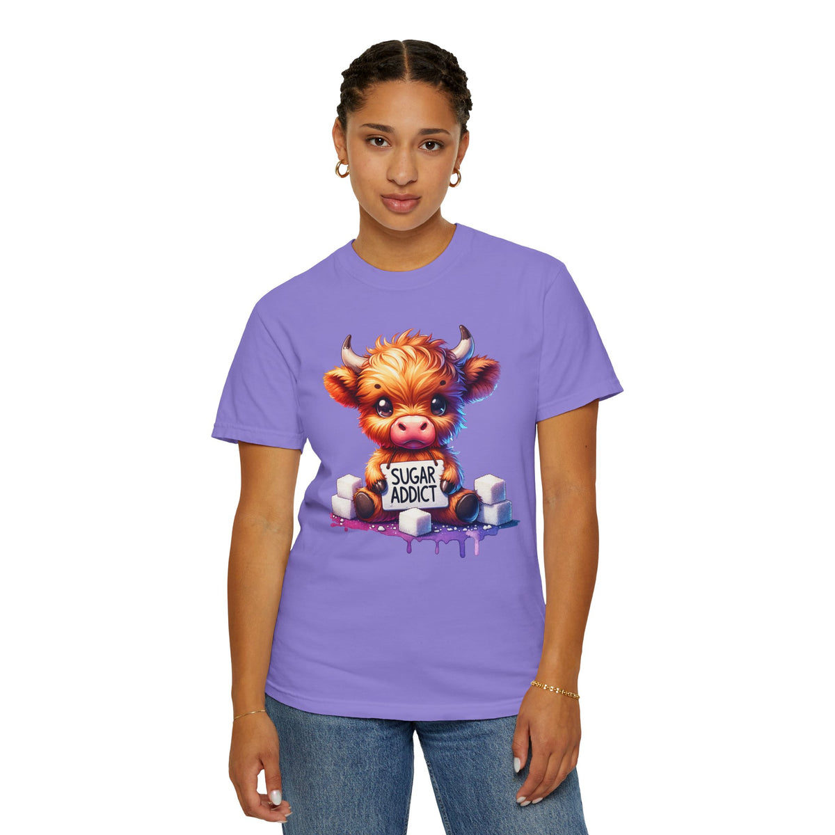 Sugar Addict Highland Cow - Comfort Colors | Trendy Women's T-Shirt. Direct to Garment. Printed & Shipped in the USA. Unisex Sizes.