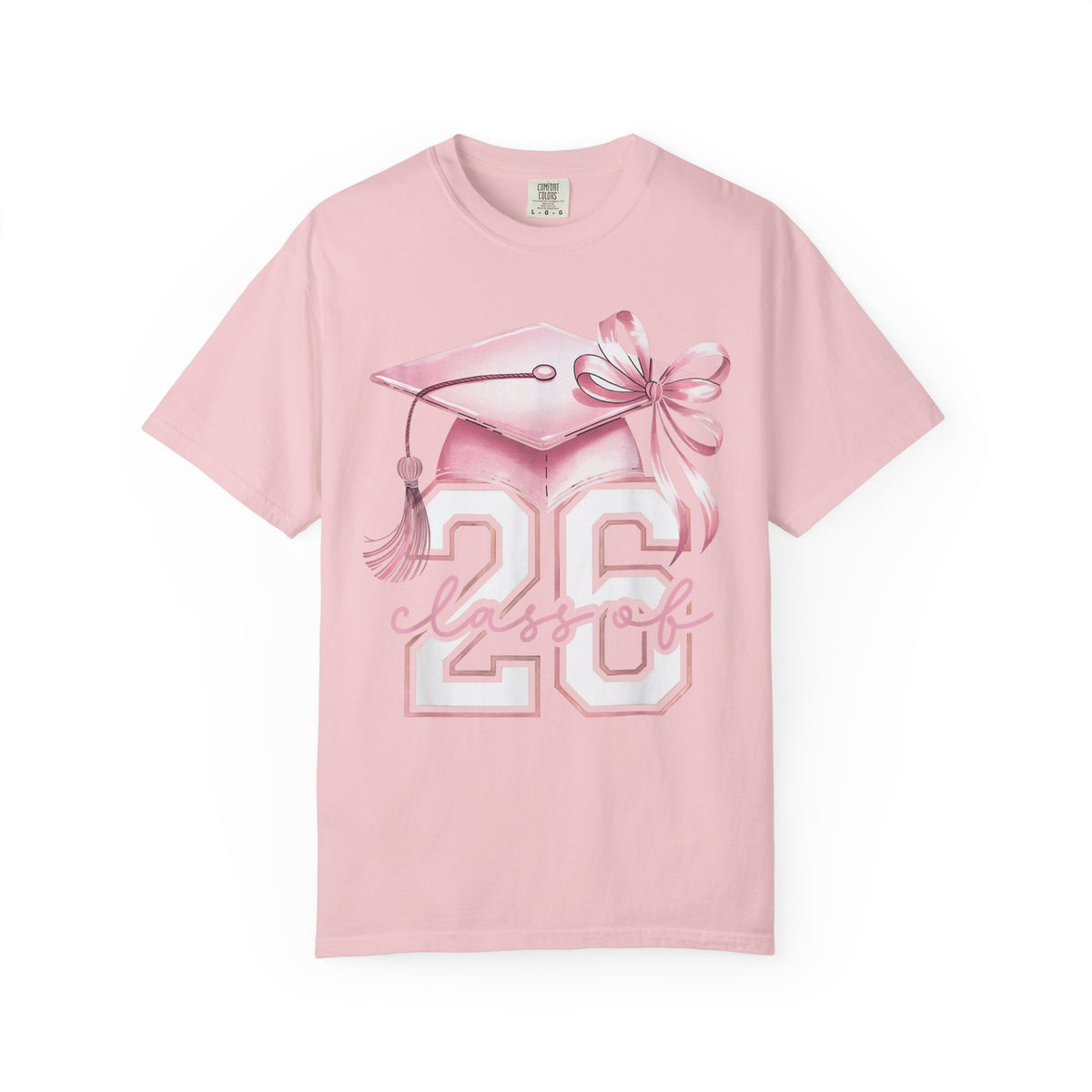 Pink Coquette, Class of 2026 Graduation Cap - Comfort Colors | Trendy Women's T-Shirt. Direct to Garment. Printed & Shipped in the USA. Unisex Sizes.