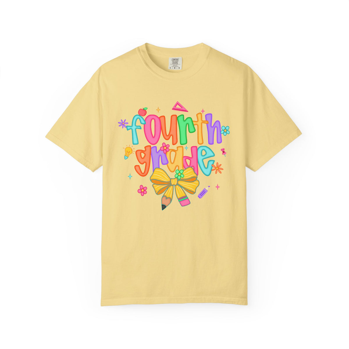Coquette Fourth Grade Pencil Bow - Comfort Colors | Trendy Women's T-Shirt. Direct to Garment. Printed & Shipped in the USA. Unisex Sizes.