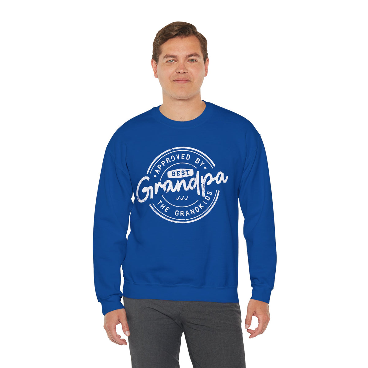 Best Grandpa, Approved by the Grandkids – Gildan Heavy Blend | Trendy Men's Soft Sweatshirt. Direct to Garment. Printed & Shipped in the USA. Unisex Sizes.