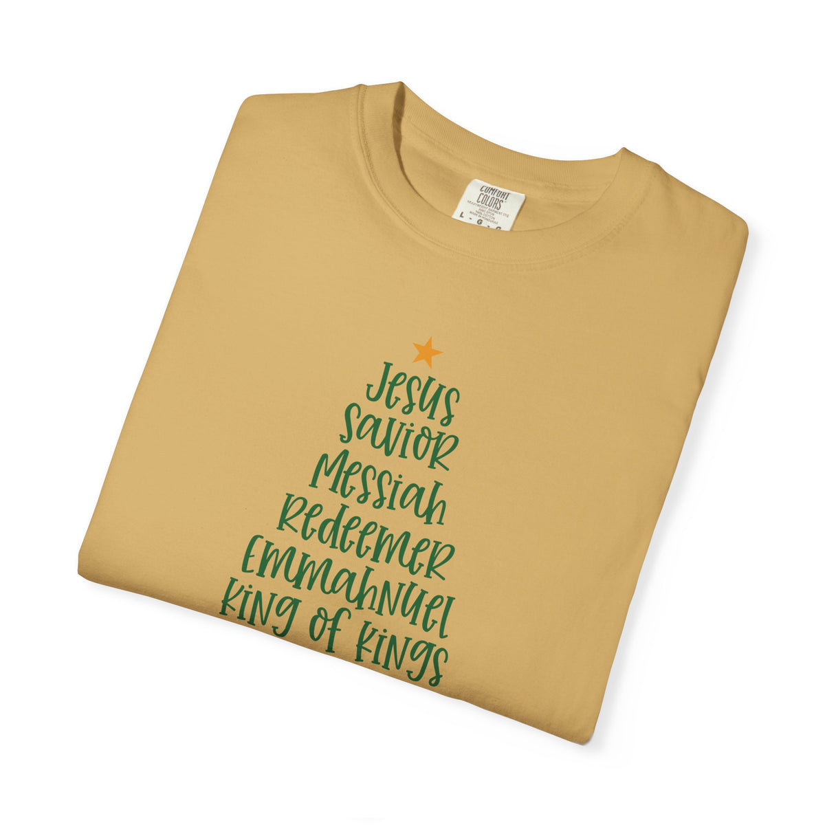 Jesus Name Christmas Tree - Comfort Colors | Trendy Women's T-Shirt. Direct to Garment. Printed & Shipped in the USA. Unisex Sizes.