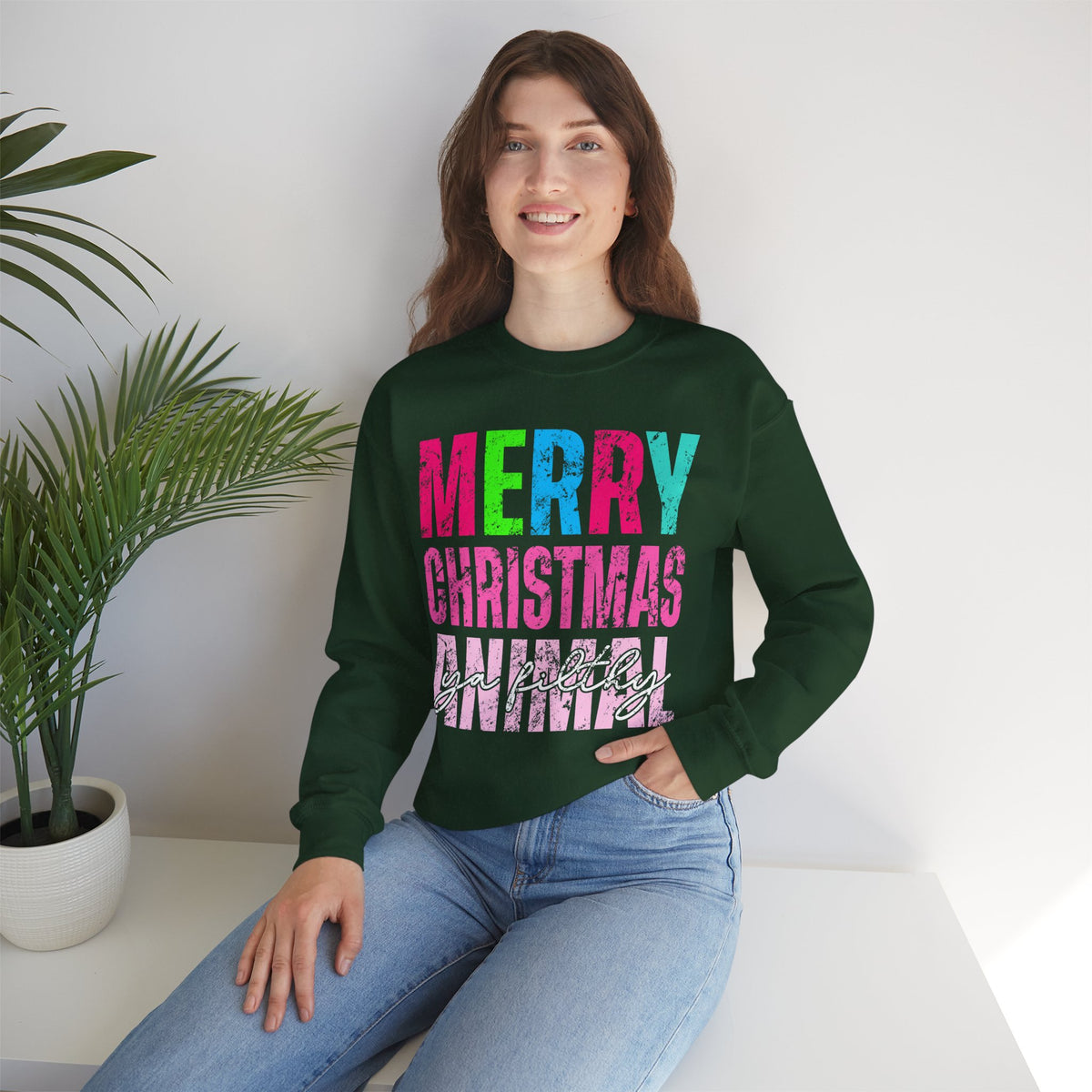 Merry Christmas Ya Filthy Animal – Gildan Heavy Blend | Trendy Women’s Soft Sweatshirt. Direct to Garment. Printed & Shipped in the USA. Unisex Sizes.