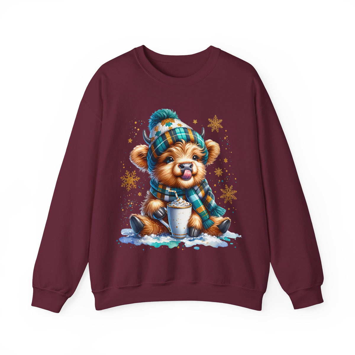 Winter Baby Highland Cow with Cocoa – Gildan Heavy Blend | Trendy Women’s Soft Sweatshirt. Direct to Garment. Printed & Shipped in the USA. Unisex Sizes.