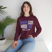 When God Made Me "This'll Be Fun" Christian Faith Distressed – Gildan Heavy Blend | Trendy Women’s and Men's Soft Sweatshirt. Direct to Garment. Printed & Shipped in the USA. Unisex Sizes.