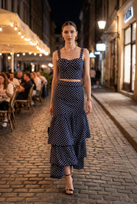 Polka Dot (100% Cotton) Cascading Tiered Maxi Skirt - Navy