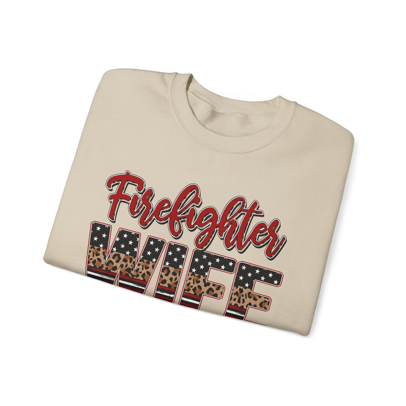 Firefighter Wife Patriotic Flag Lettering for Firefighter Spouse – Gildan Heavy Blend | Trendy Women’s Soft Sweatshirt. Direct to Garment. Printed & Shipped in the USA. Unisex Sizes.